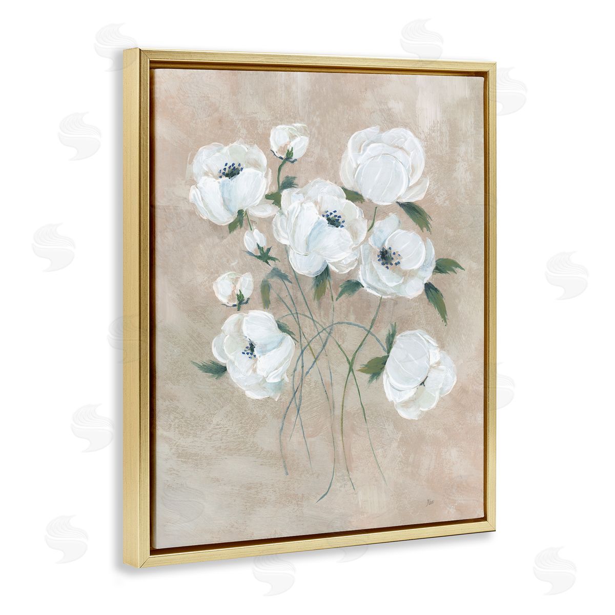 Flowers on Neutral Beige Gold Floating Frame Canvas Wall Art, Home Decor by Nan