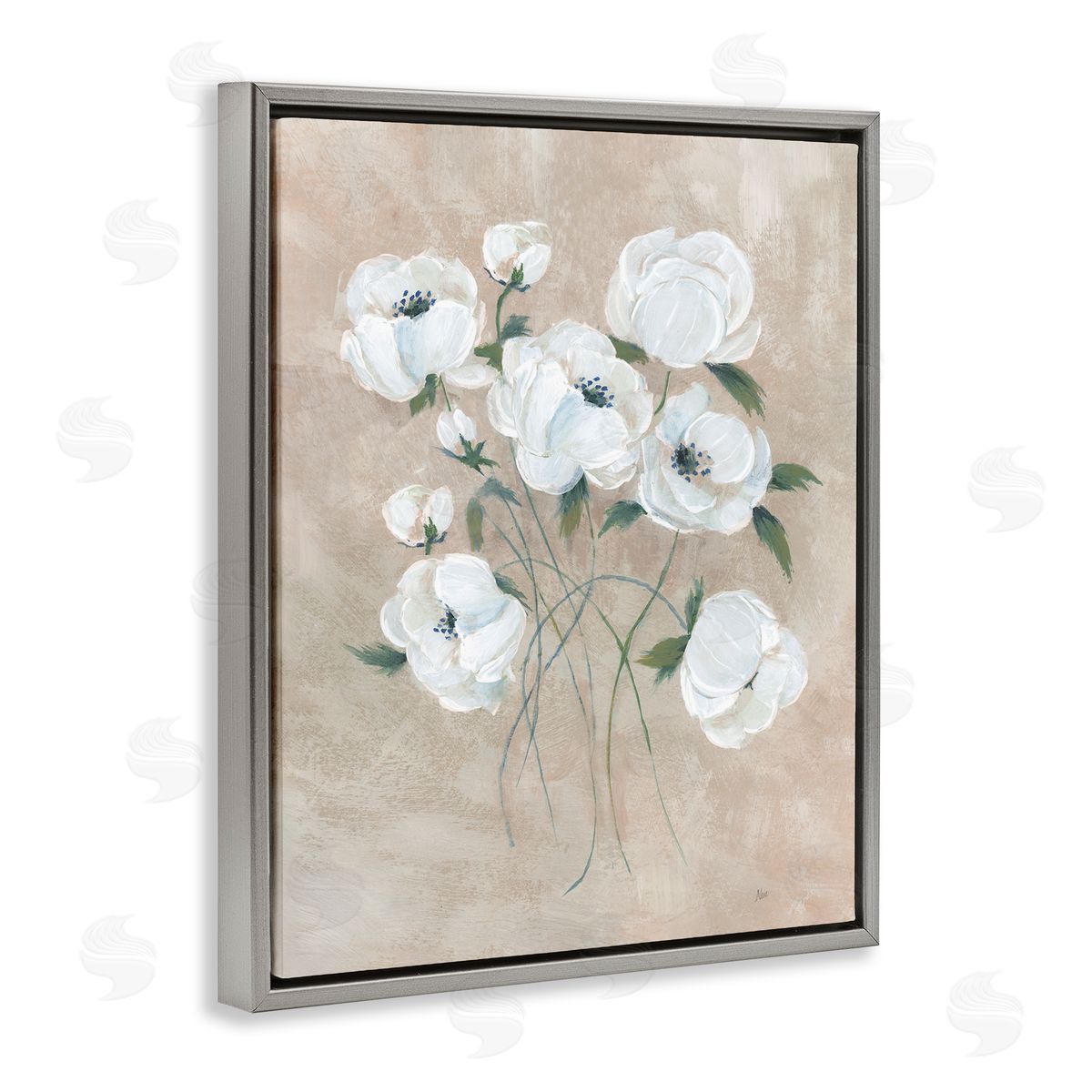 Flowers on Neutral Beige Grey Floating Frame Canvas Wall Art, Home Decor by Nan