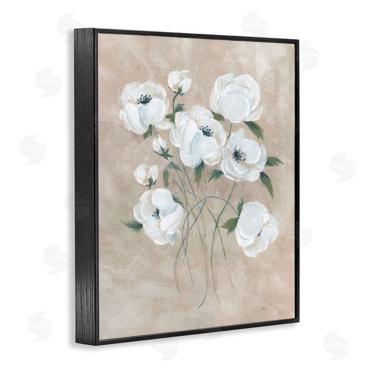 Flowers on Neutral Beige Black Frame Print Wall Art, Home Decor by Nan