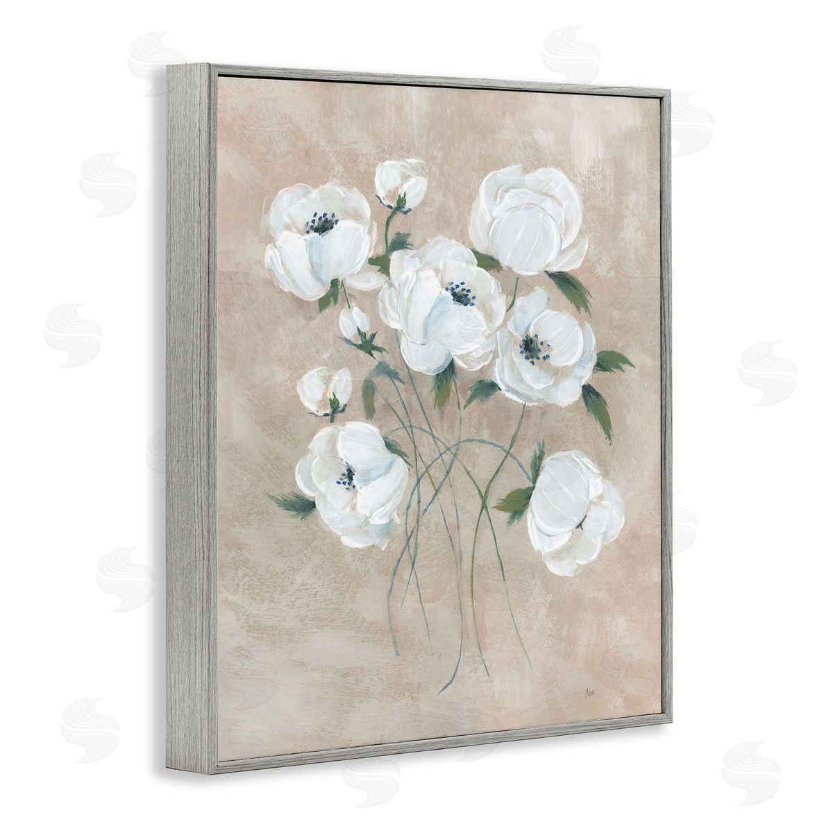 Flowers on Neutral Beige Grey Frame Print Wall Art, Home Decor by Nan