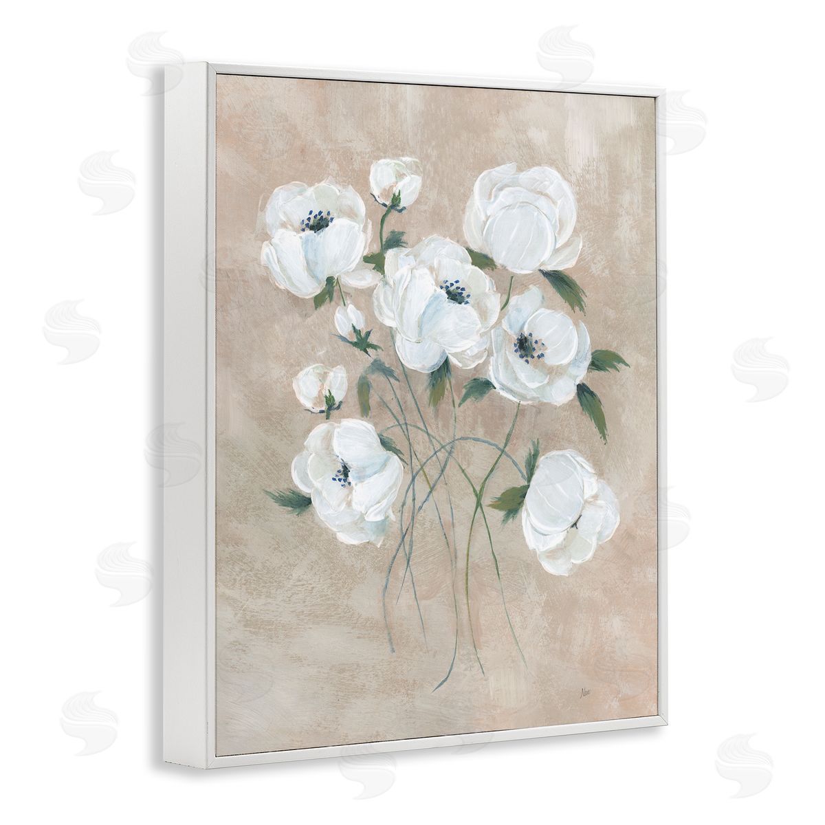 Flowers on Neutral Beige White Frame Print Wall Art, Home Decor by Nan