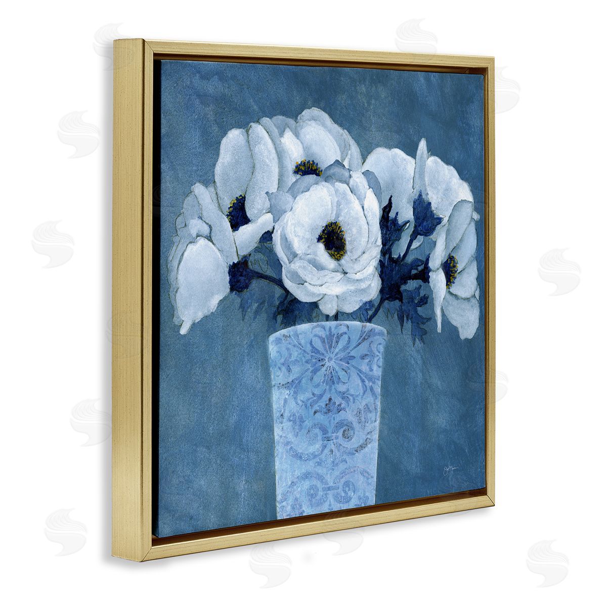 Janet Tava Patterned Vase Flowers Gold Floating Frame Canvas Wall Art Print
