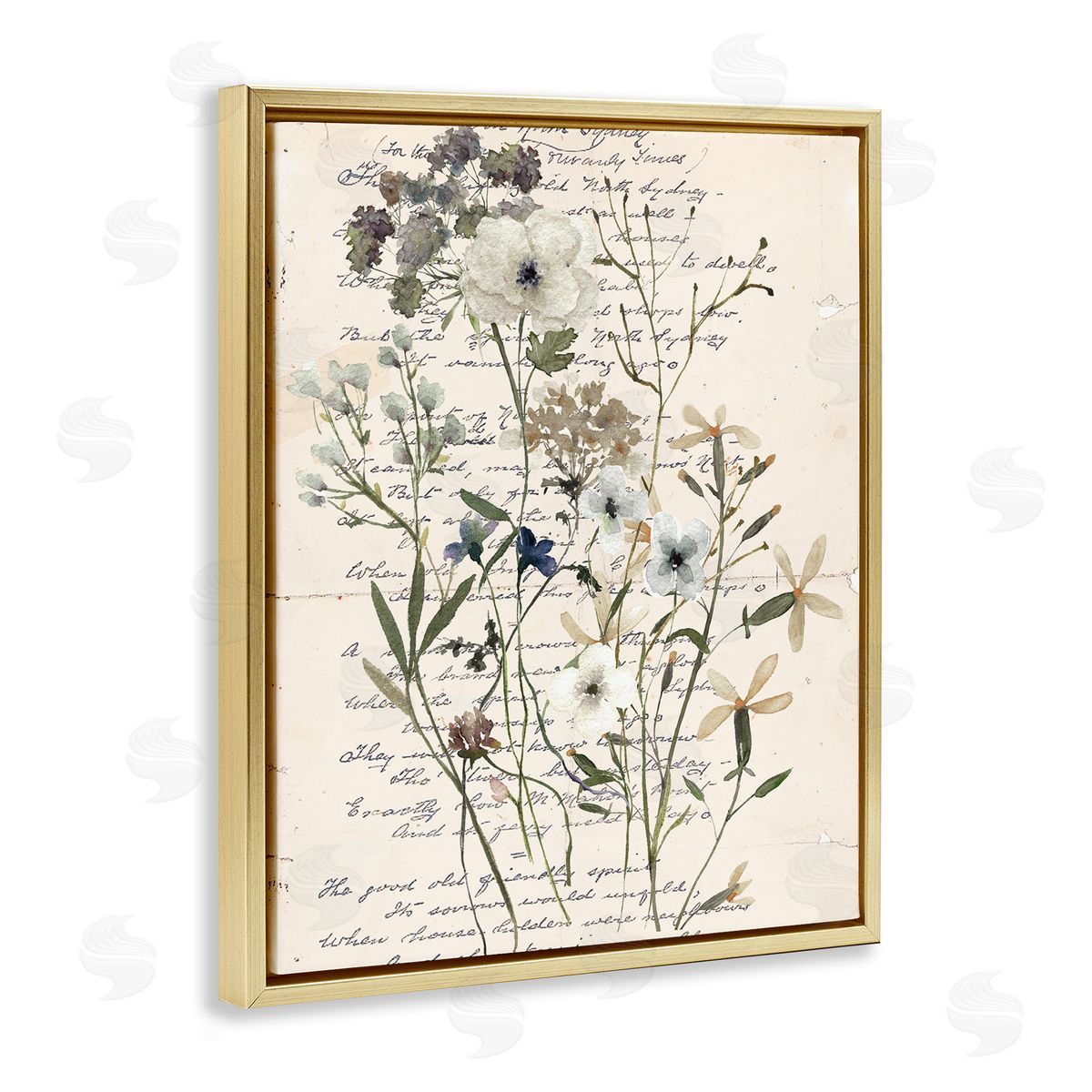 Vintage Pressed Flowers Gold Floating Frame Canvas Wall Art, Home Decor by Carol Robinson