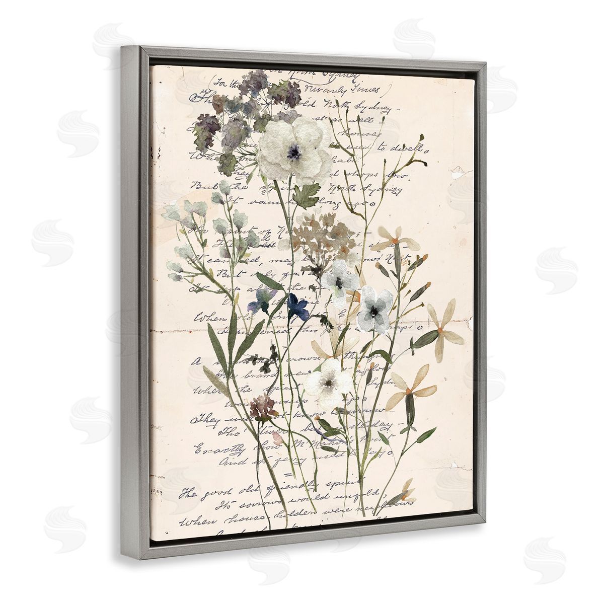 Vintage Pressed Flowers Grey Floating Frame Canvas Wall Art, Home Decor by Carol Robinson
