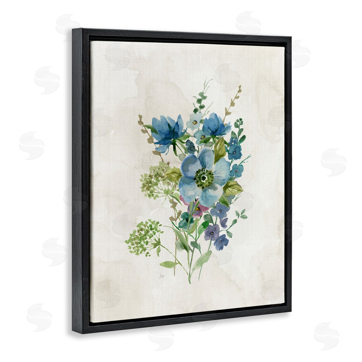 Blue Wildflower Cluster Black Floating Frame Canvas Wall Art, Home Decor by Nan