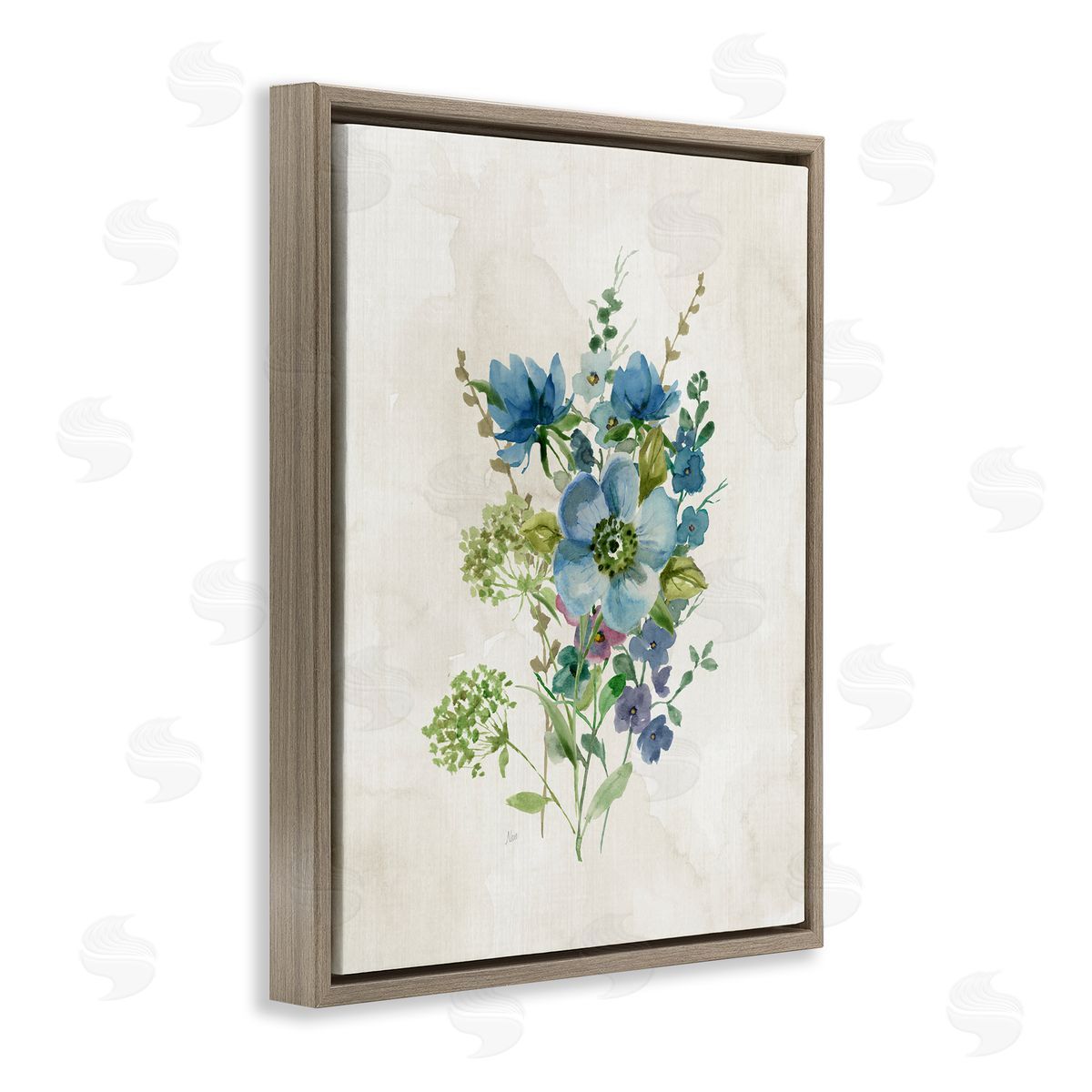 Blue Wildflower Cluster Brown Floating Frame Canvas Wall Art, Home Decor by Nan