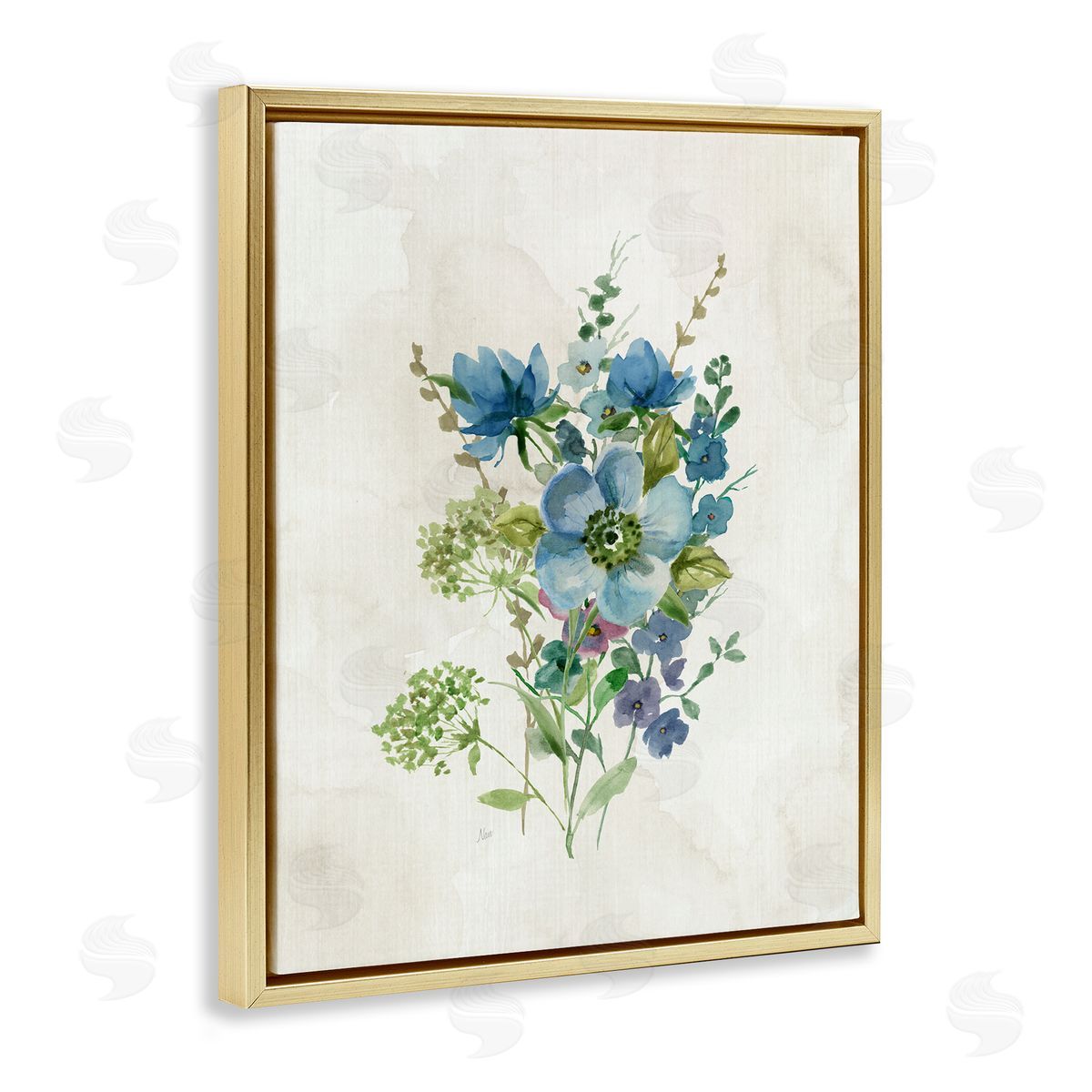 Blue Wildflower Cluster Gold Floating Frame Canvas Wall Art, Home Decor by Nan