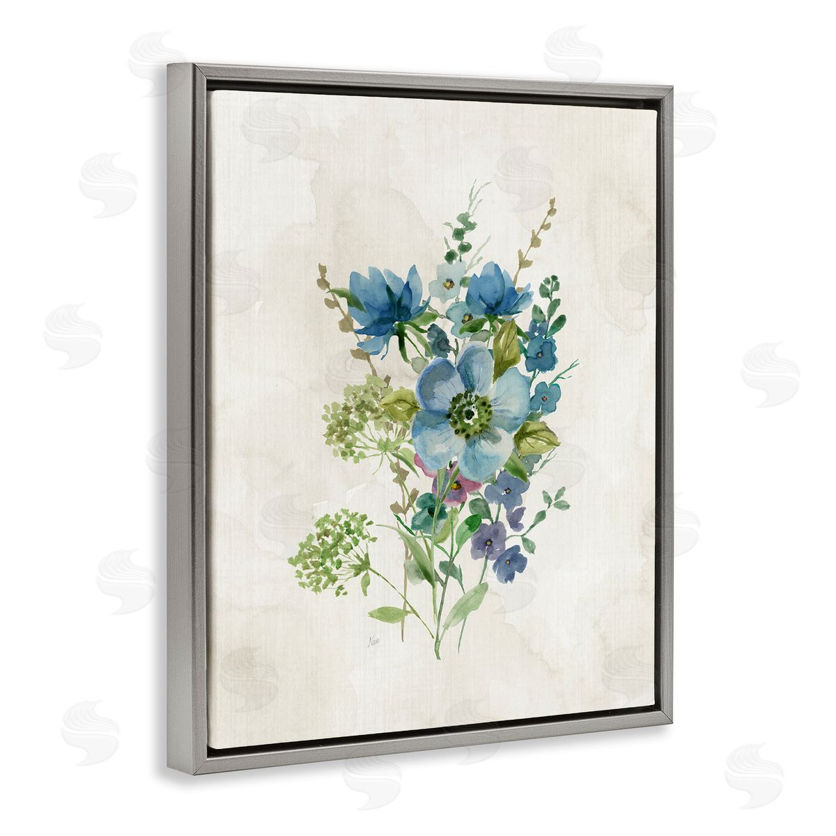 Blue Wildflower Cluster Grey Floating Frame Canvas Wall Art, Home Decor by Nan