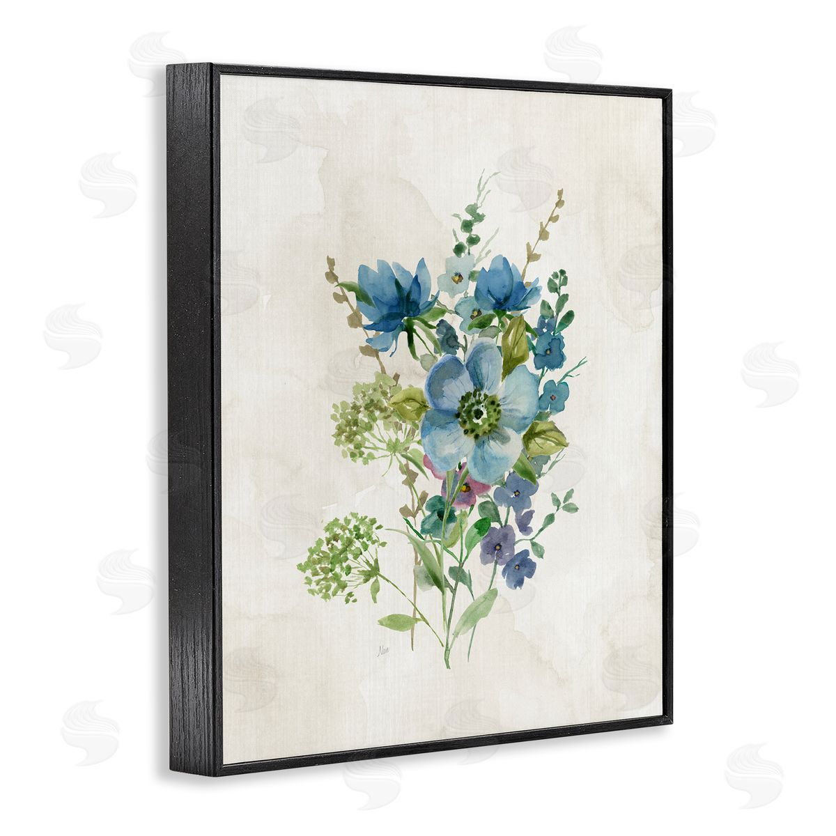 Blue Wildflower Cluster Black Frame Print Wall Art, Home Decor by Nan