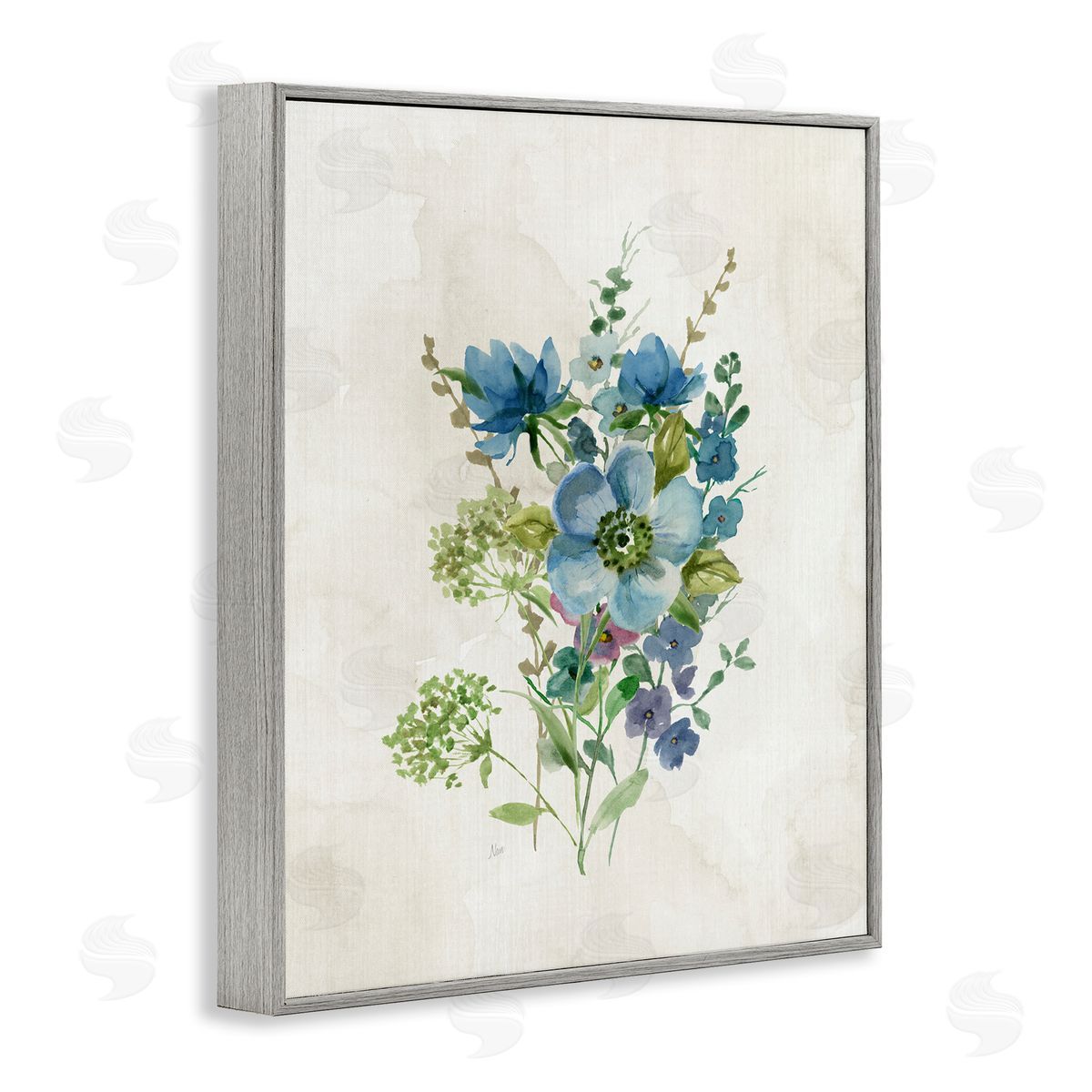 Blue Wildflower Cluster Grey Frame Print Wall Art, Home Decor by Nan