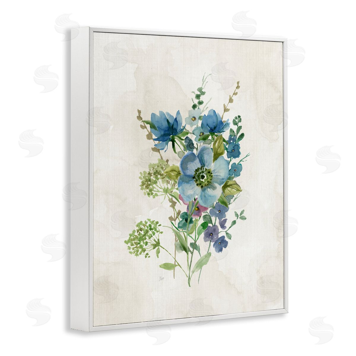 Blue Wildflower Cluster White Frame Print Wall Art, Home Decor by Nan