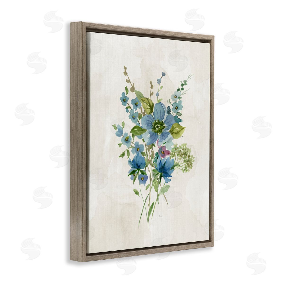 Bundle of Blue Herbs Brown Floating Frame Canvas Wall Art, Home Decor by Nan