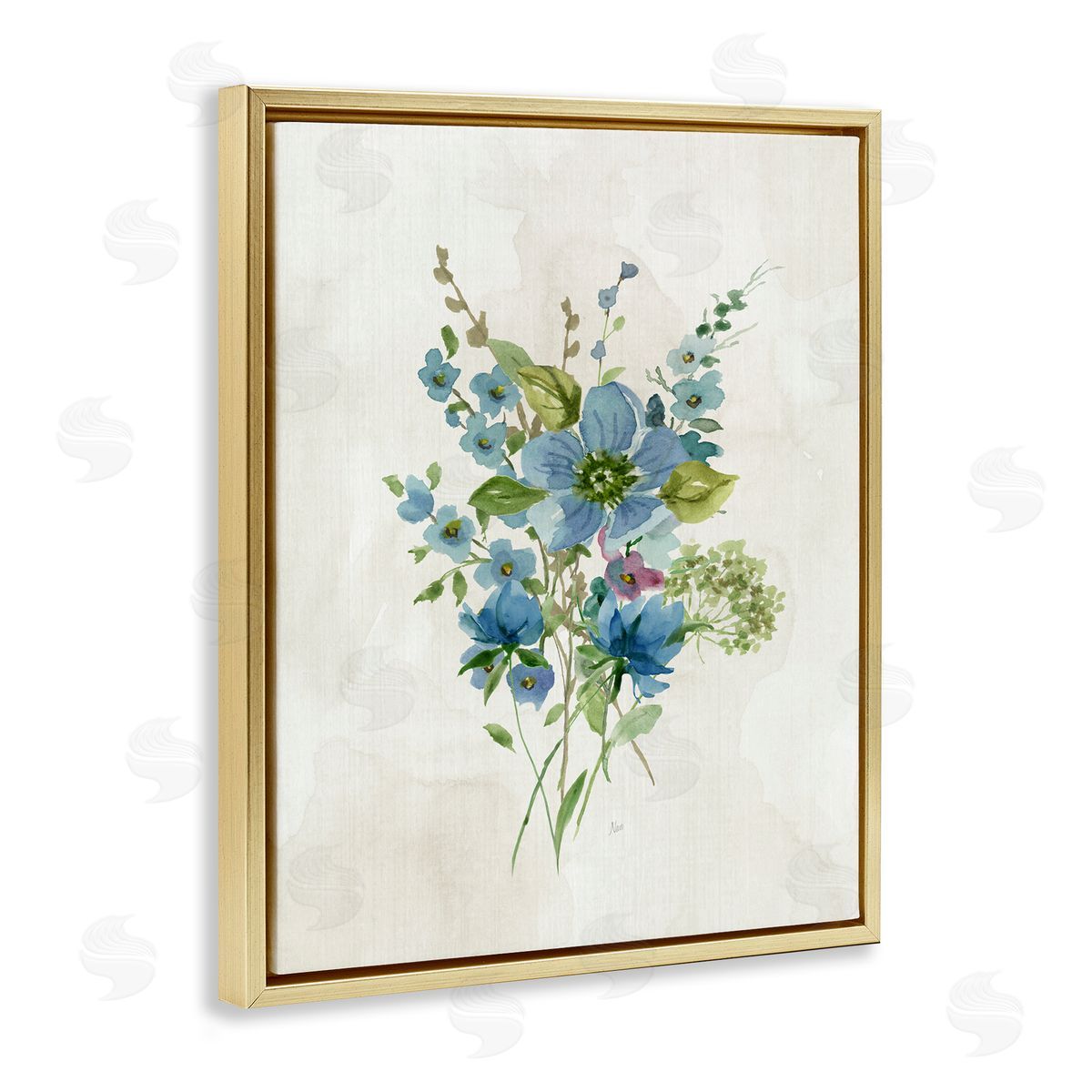 Bundle of Blue Herbs Gold Floating Frame Canvas Wall Art, Home Decor by Nan