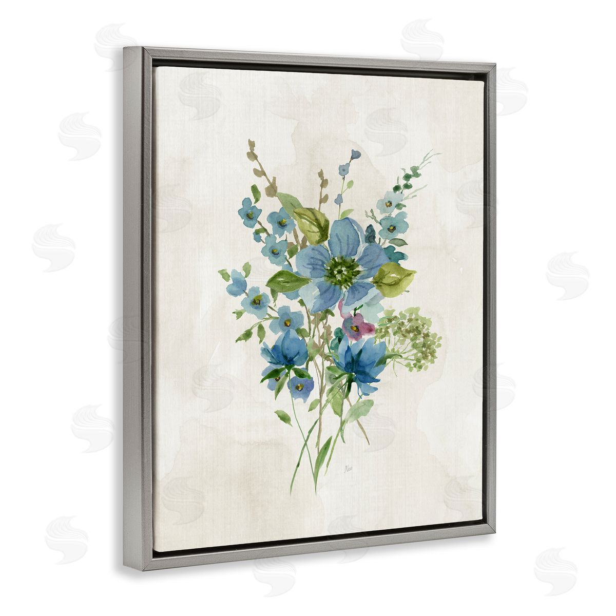 Bundle of Blue Herbs Grey Floating Frame Canvas Wall Art, Home Decor by Nan