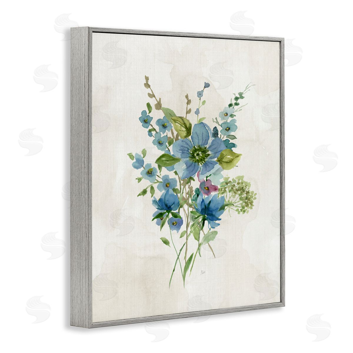 Bundle of Blue Herbs Grey Frame Print Wall Art, Home Decor by Nan