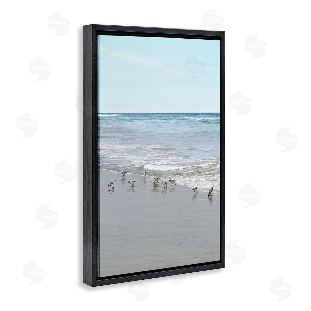 Energetic Beach Birds Black Floating Frame Canvas Wall Art, Home Decor by Natalie Carpentieri