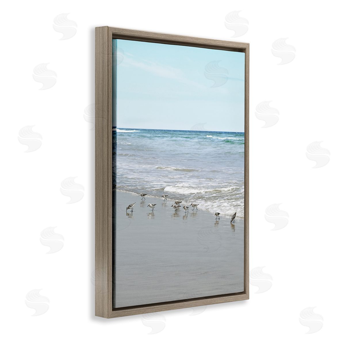 Energetic Beach Birds Brown Floating Frame Canvas Wall Art, Home Decor by Natalie Carpentieri