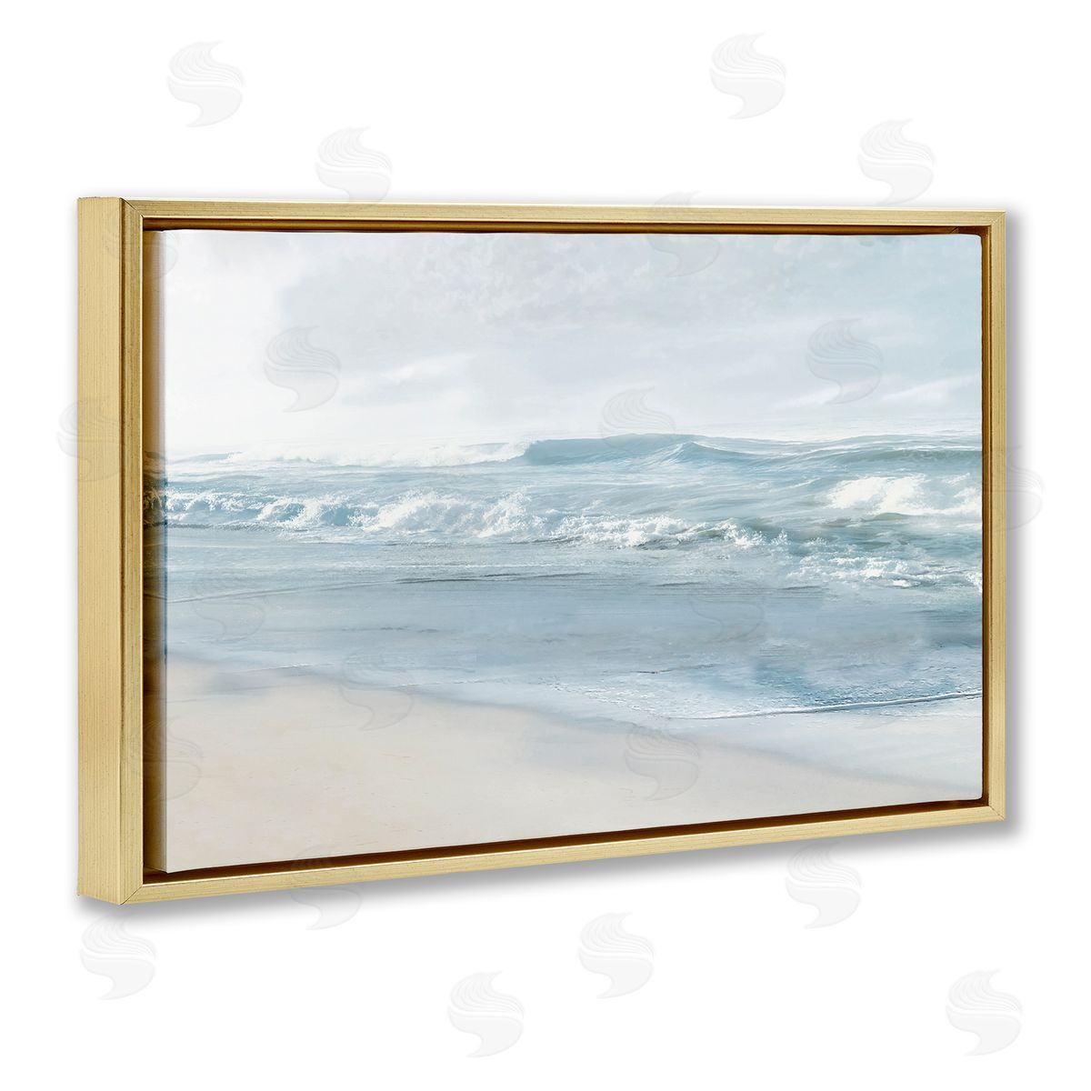 Calm Blue Beach Waves Gold Floating Frame Canvas Wall Art, Home Decor by Mike Calascibetta