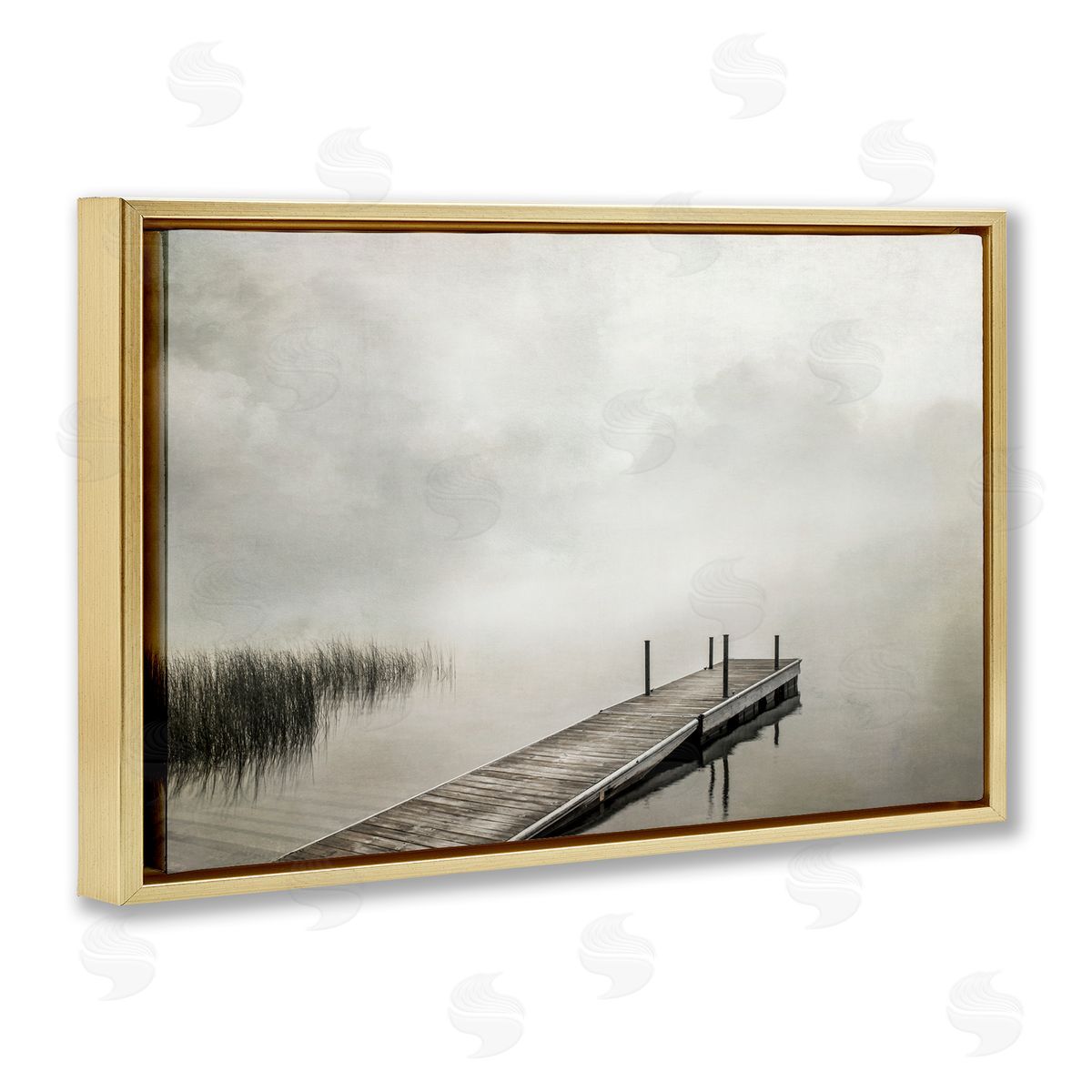 Mysterious Foggy Lake Dock Gold Floating Frame Canvas Wall Art, Home Decor by Peter Hawkins