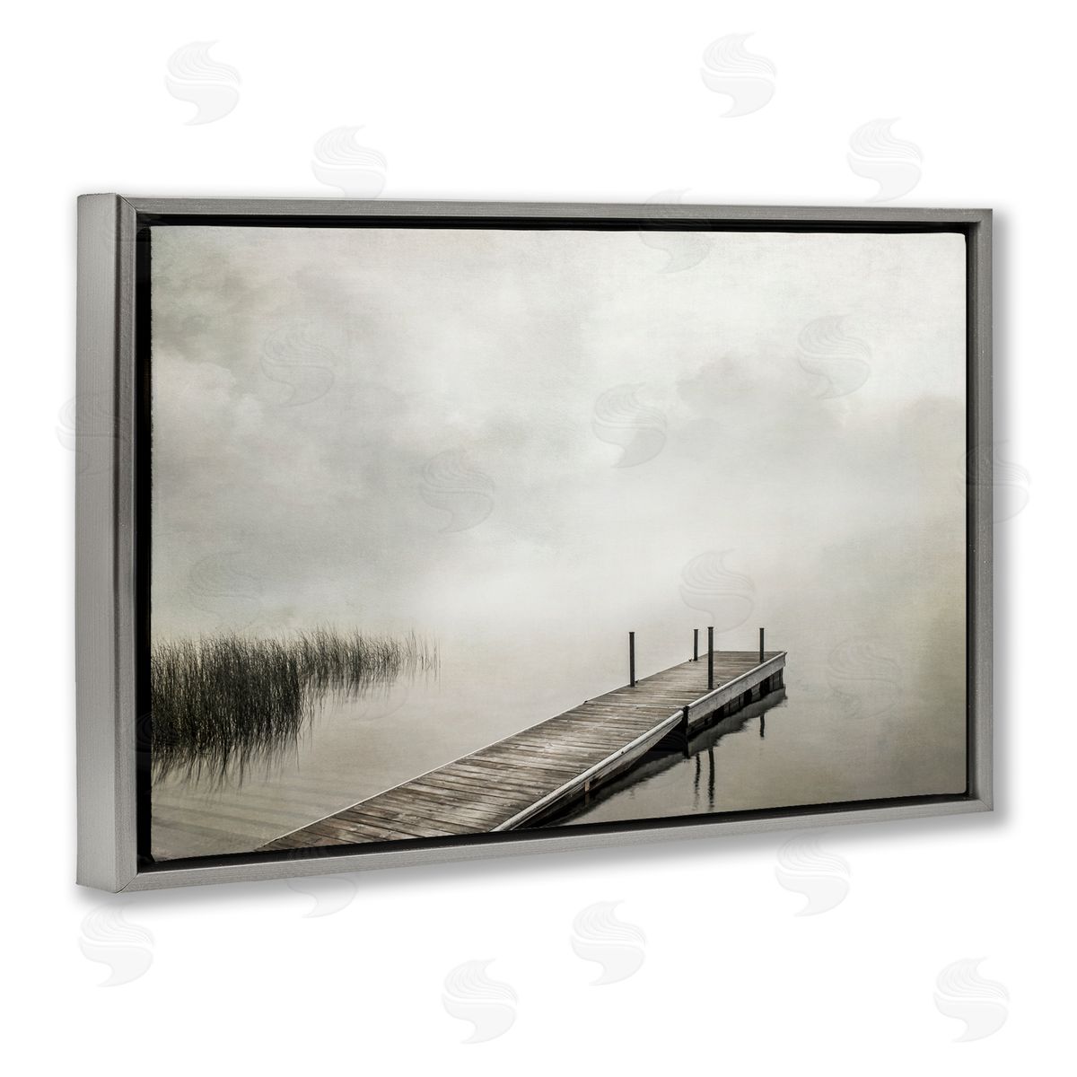 Mysterious Foggy Lake Dock Grey Floating Frame Canvas Wall Art, Home Decor by Peter Hawkins