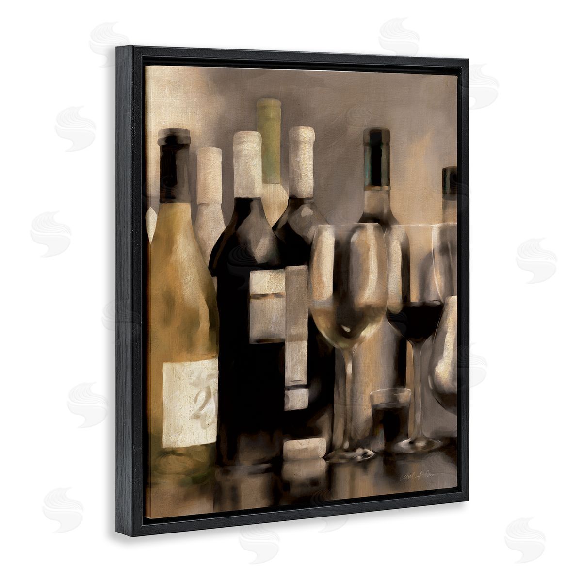 Wine Bottles on Bar Black Floating Frame Canvas Wall Art, Home Decor by Carol Robinson