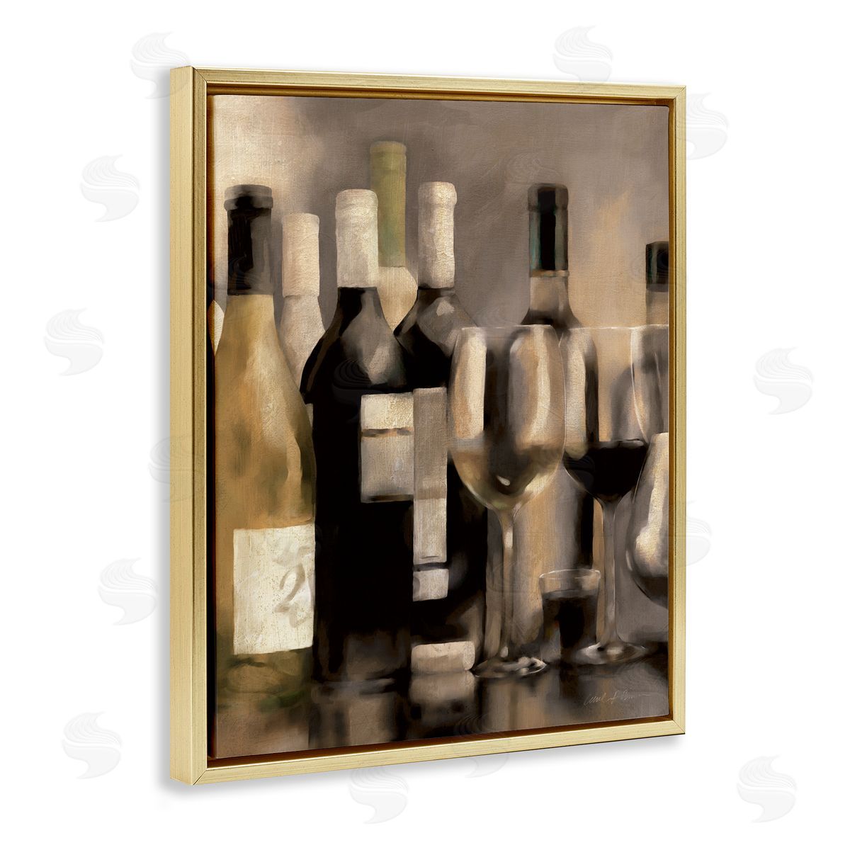 Wine Bottles on Bar Gold Floating Frame Canvas Wall Art, Home Decor by Carol Robinson