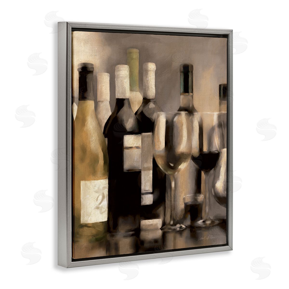 Wine Bottles on Bar Grey Floating Frame Canvas Wall Art, Home Decor by Carol Robinson