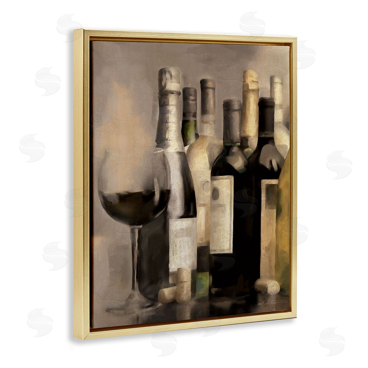 Wine Glass with Bottles Gold Floating Frame Canvas Wall Art, Home Decor by Carol Robinson