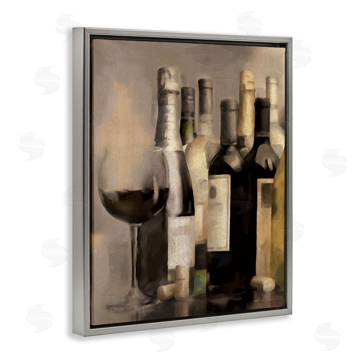 Wine Glass with Bottles Grey Floating Frame Canvas Wall Art, Home Decor by Carol Robinson