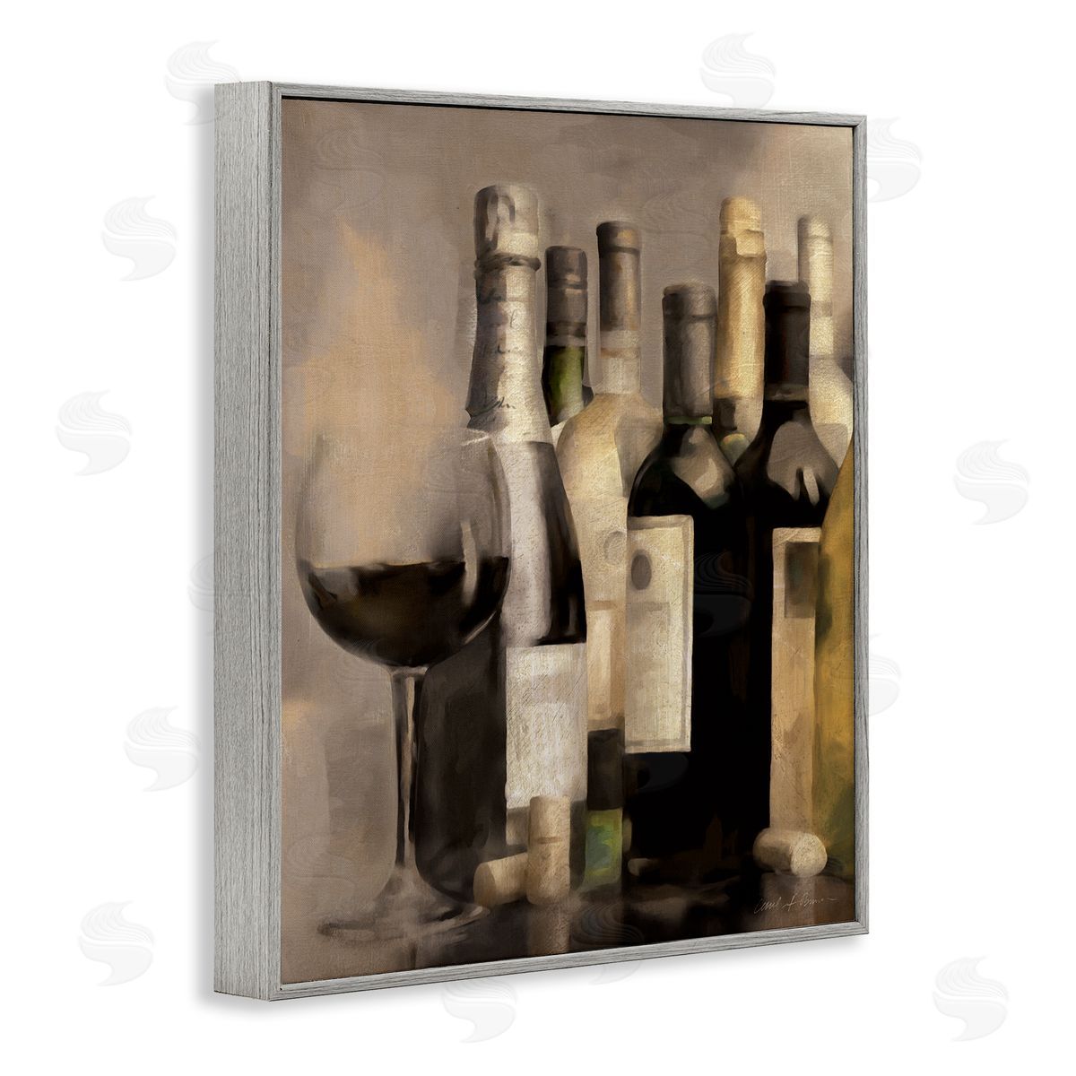 Wine Glass with Bottles Grey Frame Print Wall Art, Home Decor by Carol Robinson