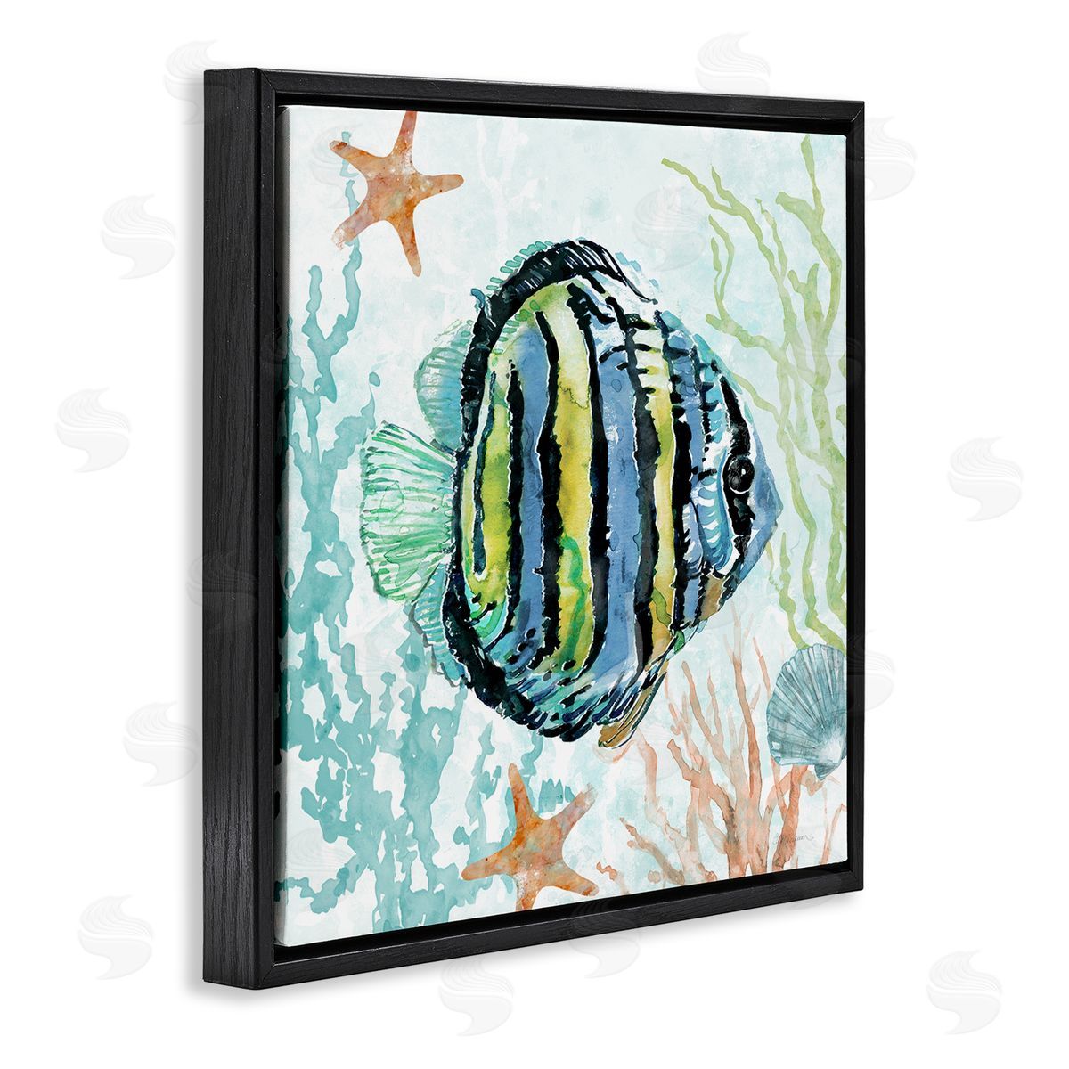 Striped Angel Fish Black Floating Frame Canvas Wall Art, Home Decor by Carol Robinson