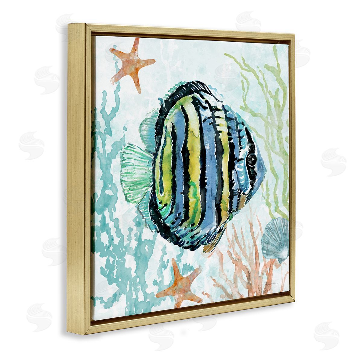 Striped Angel Fish Gold Floating Frame Canvas Wall Art, Home Decor by Carol Robinson