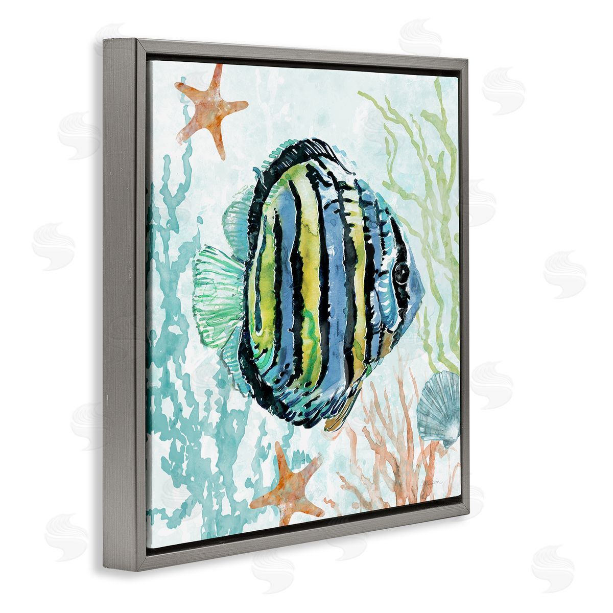 Striped Angel Fish Grey Floating Frame Canvas Wall Art, Home Decor by Carol Robinson