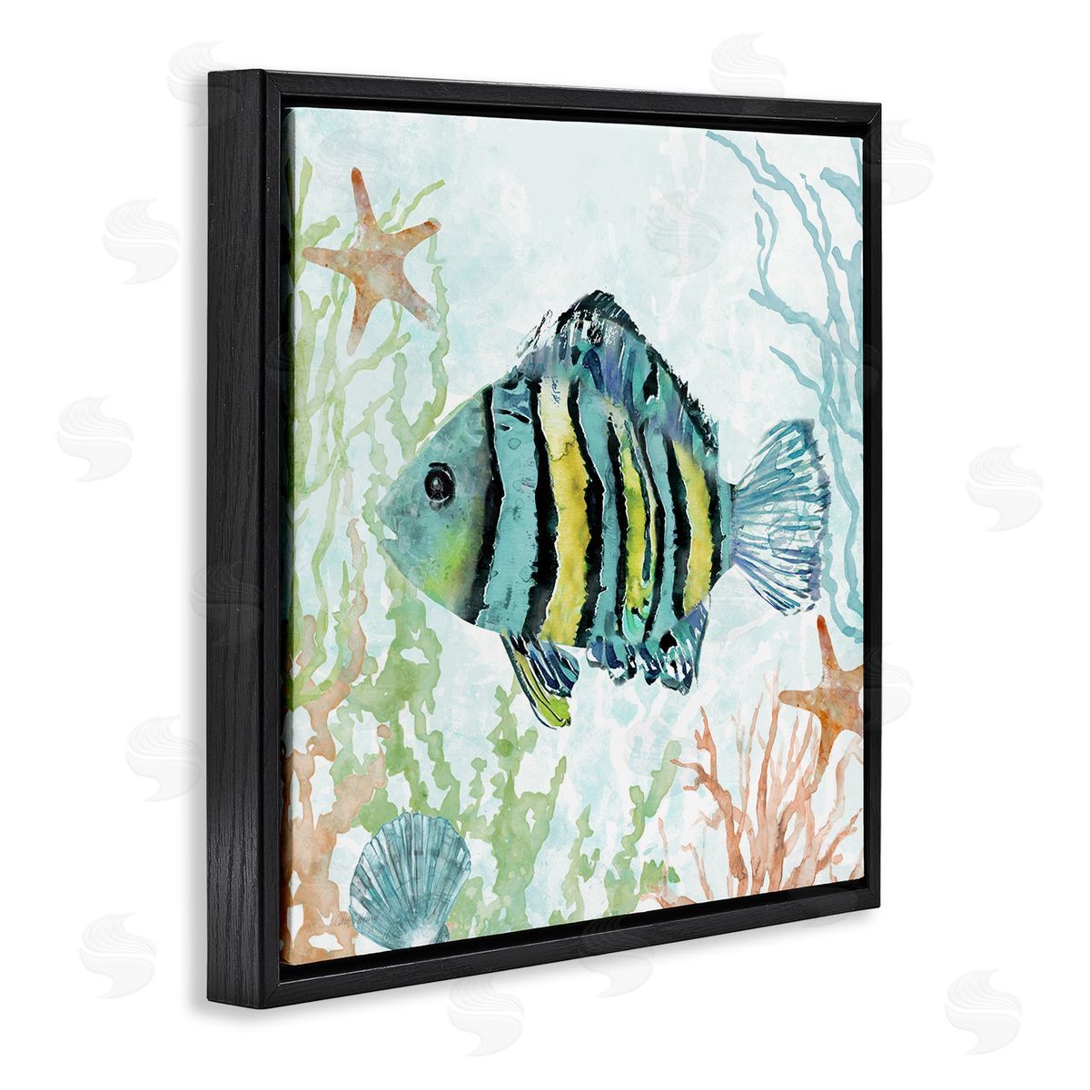 Striped Fish Underwater Black Floating Frame Canvas Wall Art, Home Decor by Carol Robinson