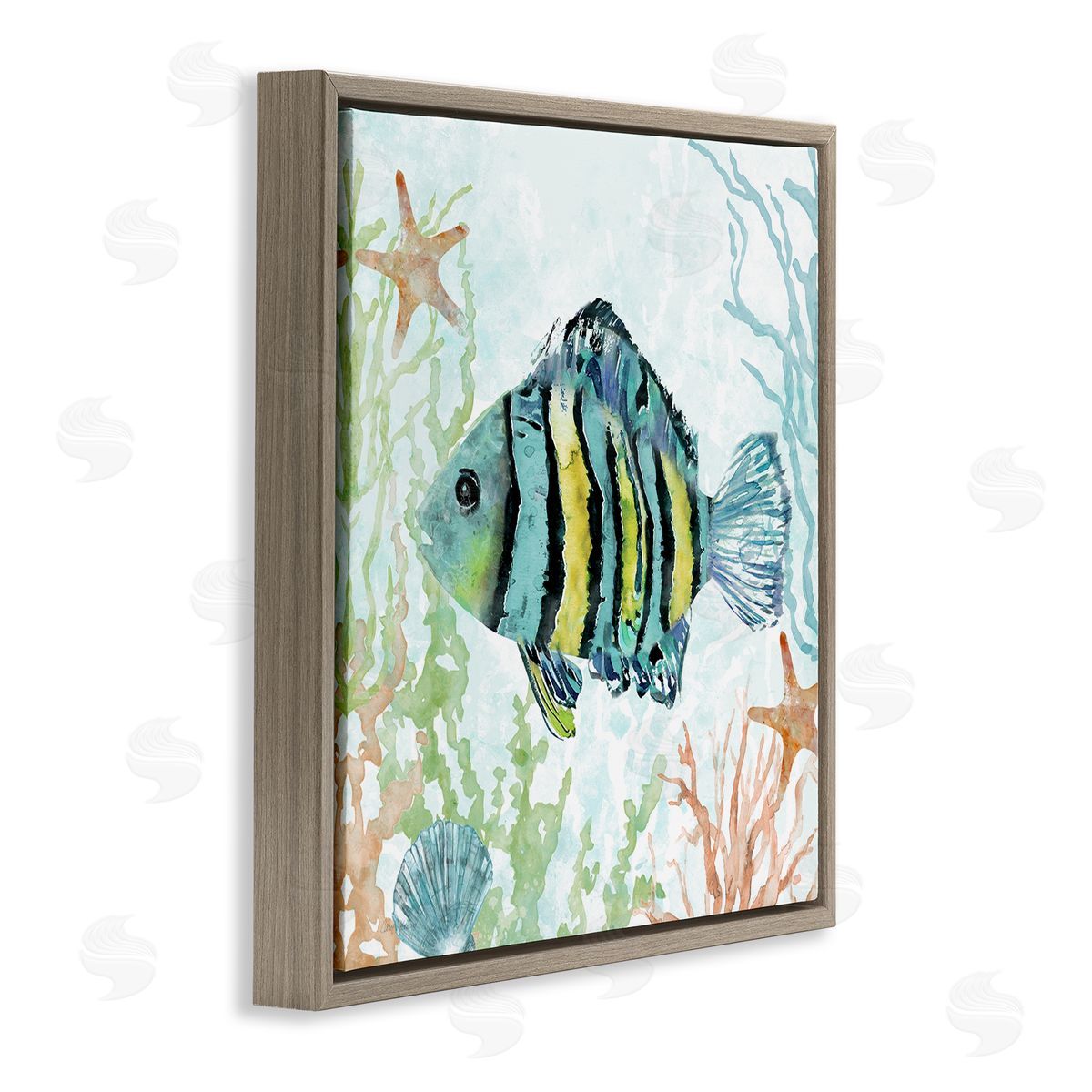 Striped Fish Underwater Brown Floating Frame Canvas Wall Art, Home Decor by Carol Robinson