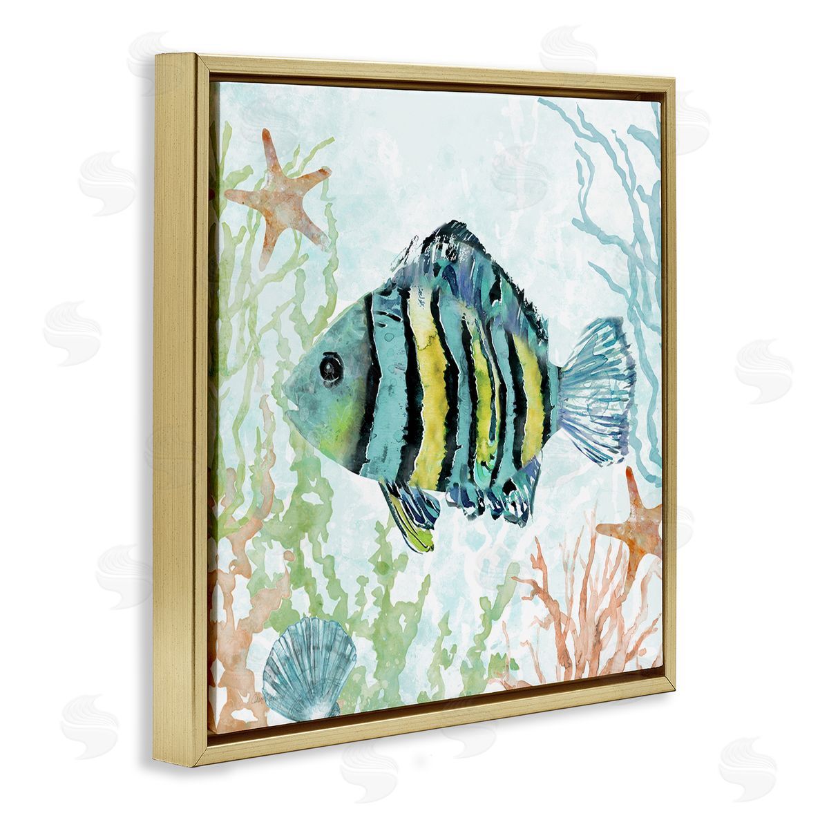 Striped Fish Underwater Gold Floating Frame Canvas Wall Art, Home Decor by Carol Robinson