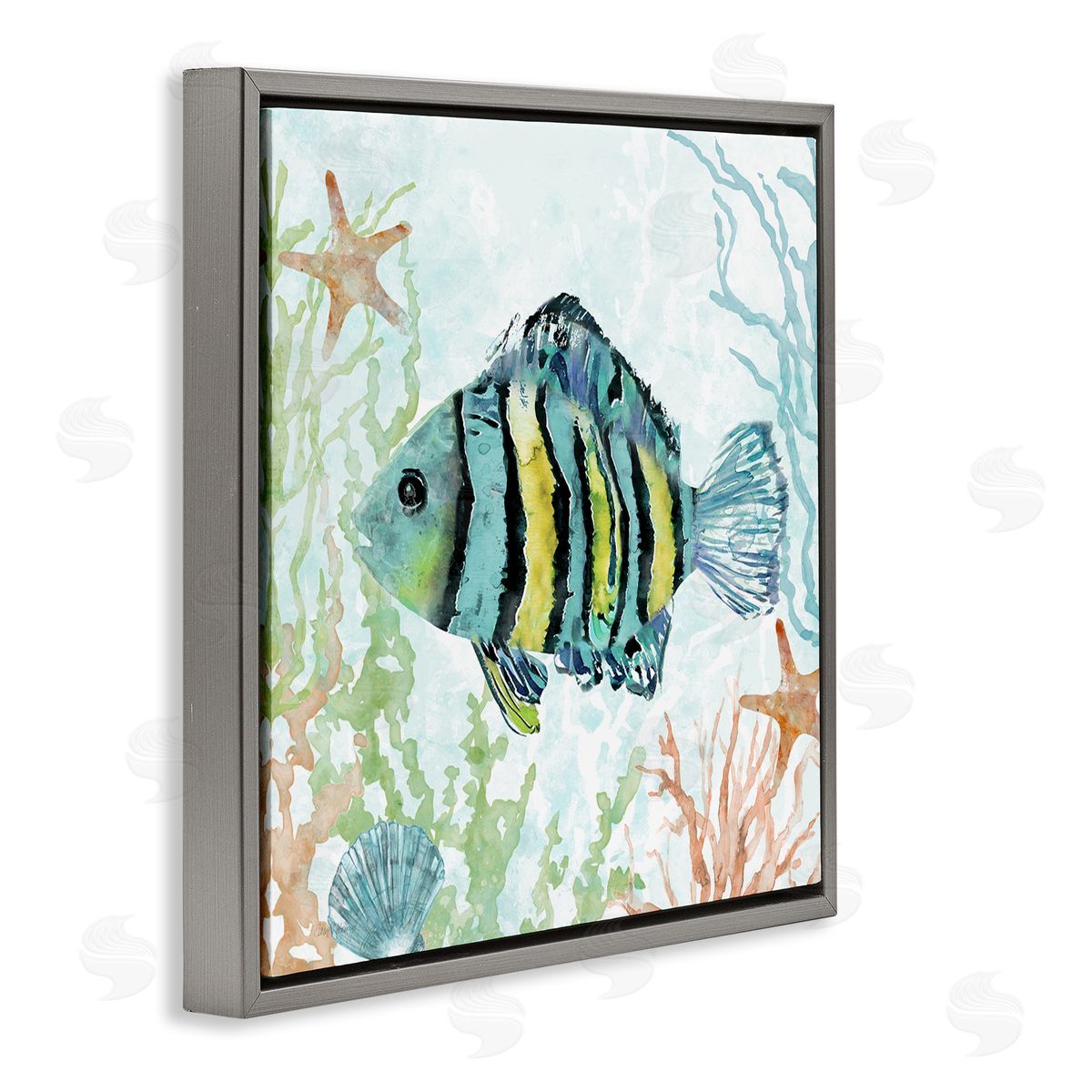 Striped Fish Underwater Grey Floating Frame Canvas Wall Art, Home Decor by Carol Robinson