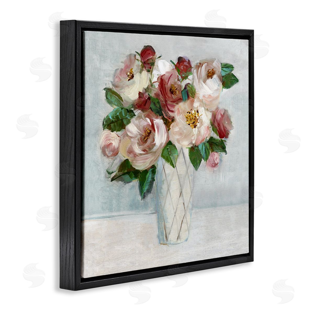 Romantic Pink & Red Bouquet Black Floating Frame Canvas Wall Art, Home Decor by Sally Swatland