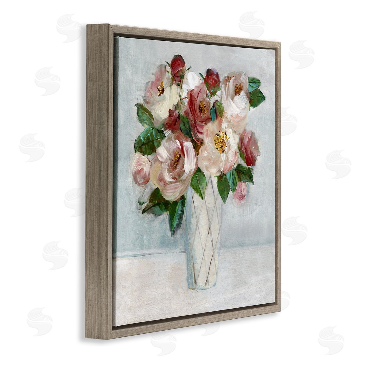 Romantic Pink & Red Bouquet Brown Floating Frame Canvas Wall Art, Home Decor by Sally Swatland