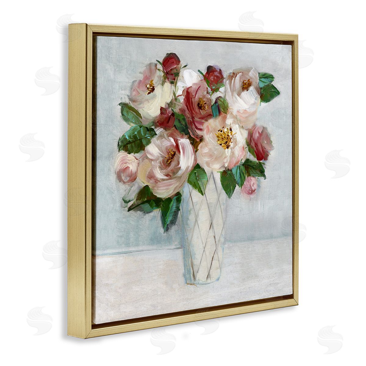 Romantic Pink & Red Bouquet Gold Floating Frame Canvas Wall Art, Home Decor by Sally Swatland