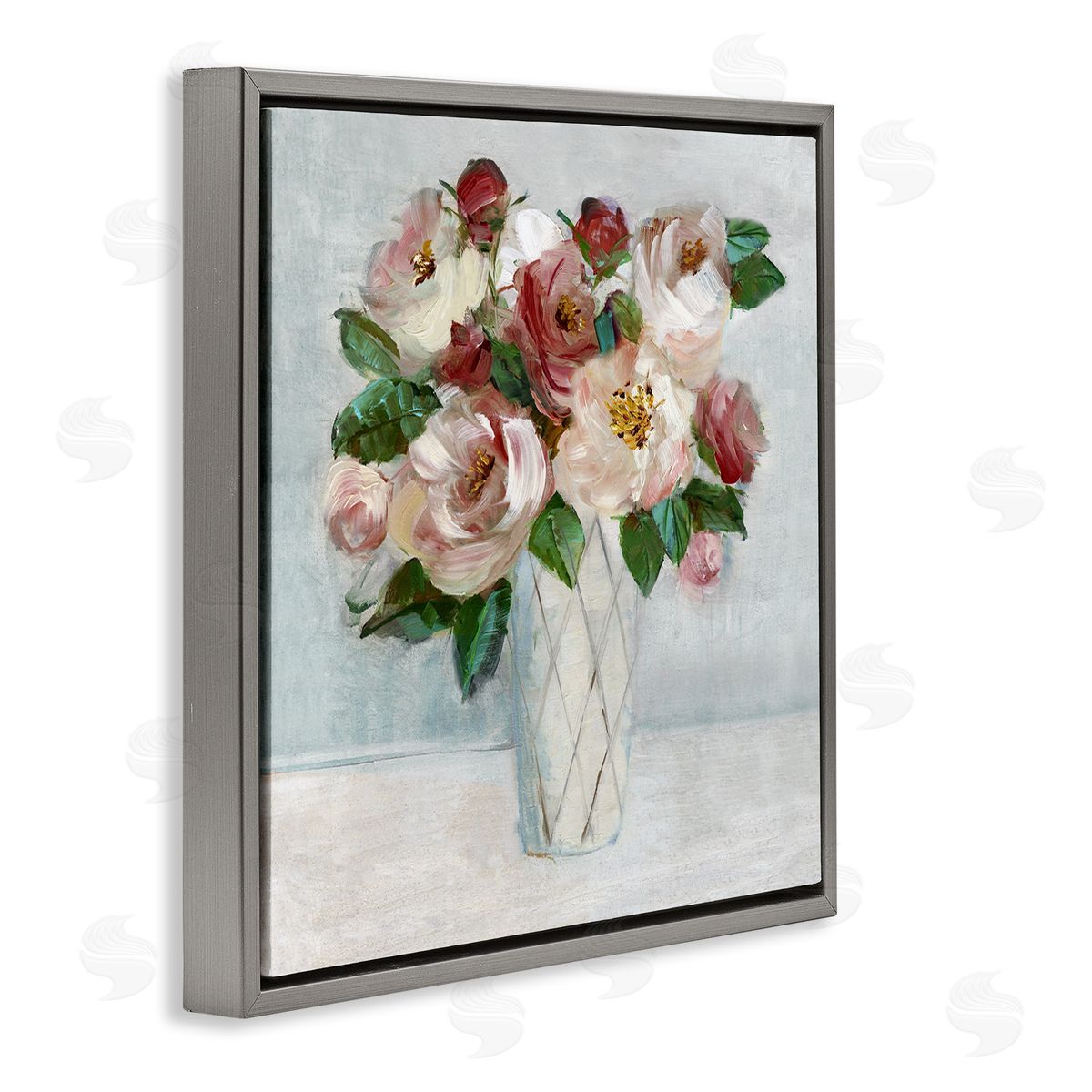 Romantic Pink & Red Bouquet Grey Floating Frame Canvas Wall Art, Home Decor by Sally Swatland