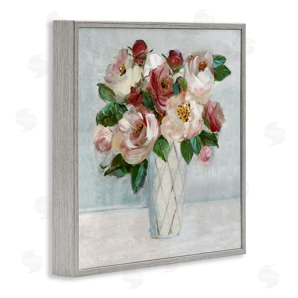 Romantic Pink & Red Bouquet Grey Frame Print Wall Art, Home Decor by Sally Swatland