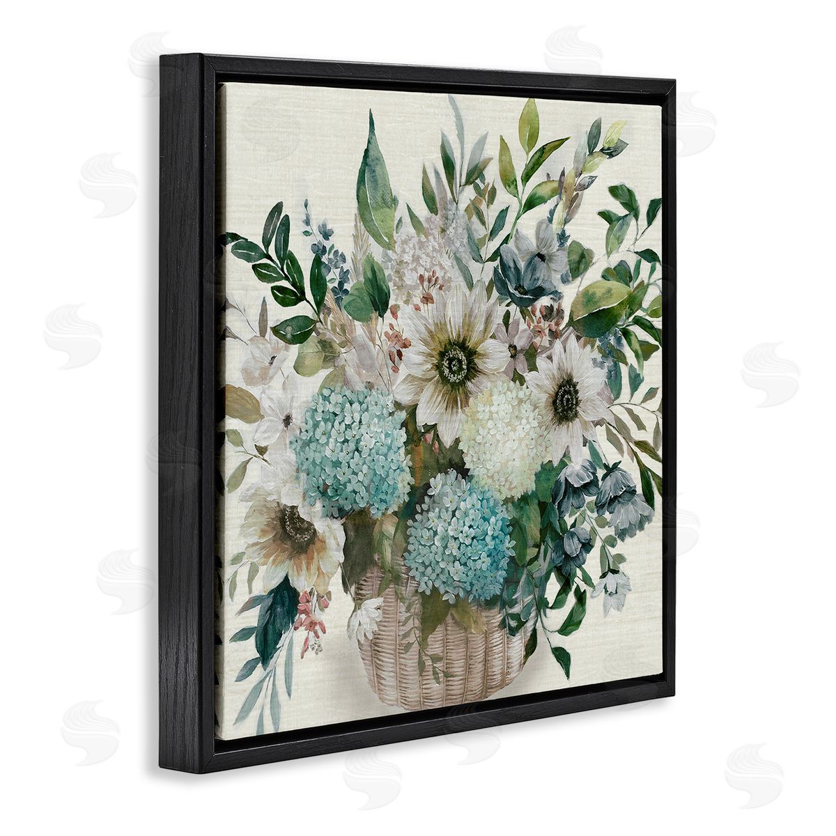 Country Basket of Flowers Black Floating Frame Canvas Wall Art, Home Decor by Nan