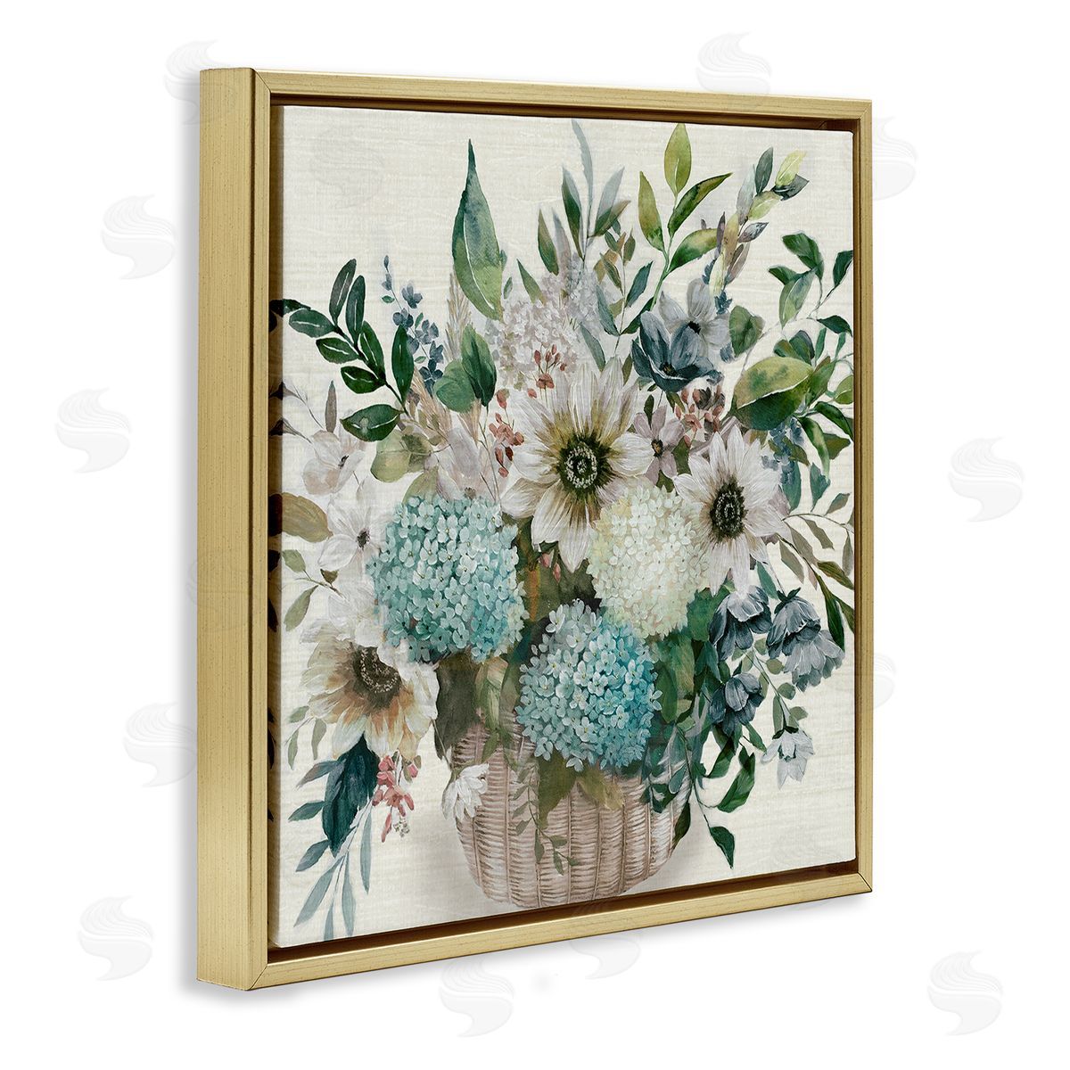 Country Basket of Flowers Gold Floating Frame Canvas Wall Art, Home Decor by Nan