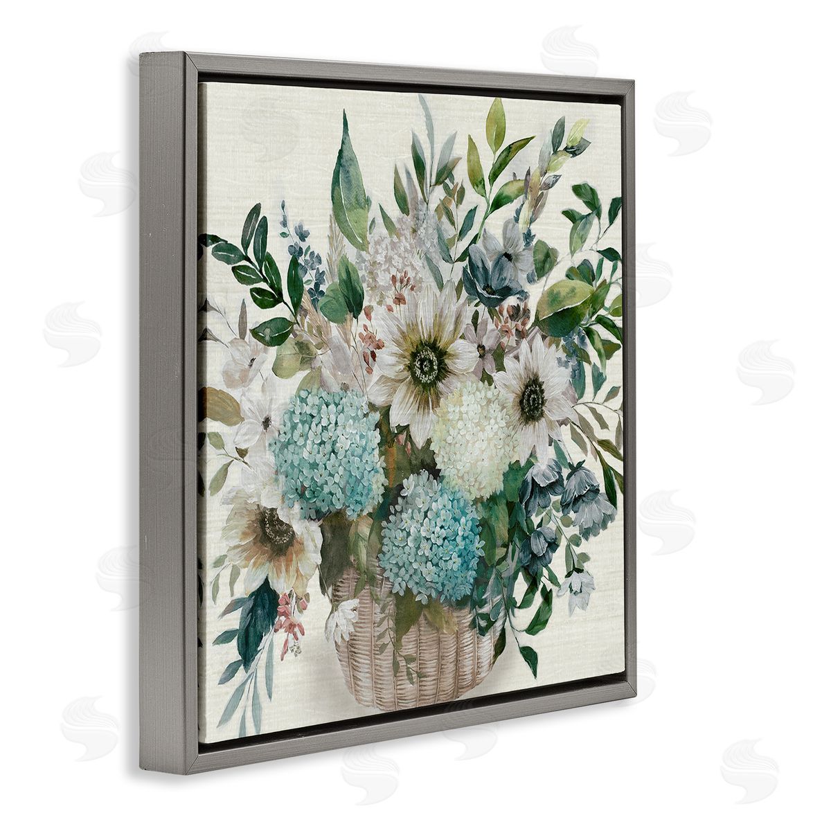 Country Basket of Flowers Grey Floating Frame Canvas Wall Art, Home Decor by Nan