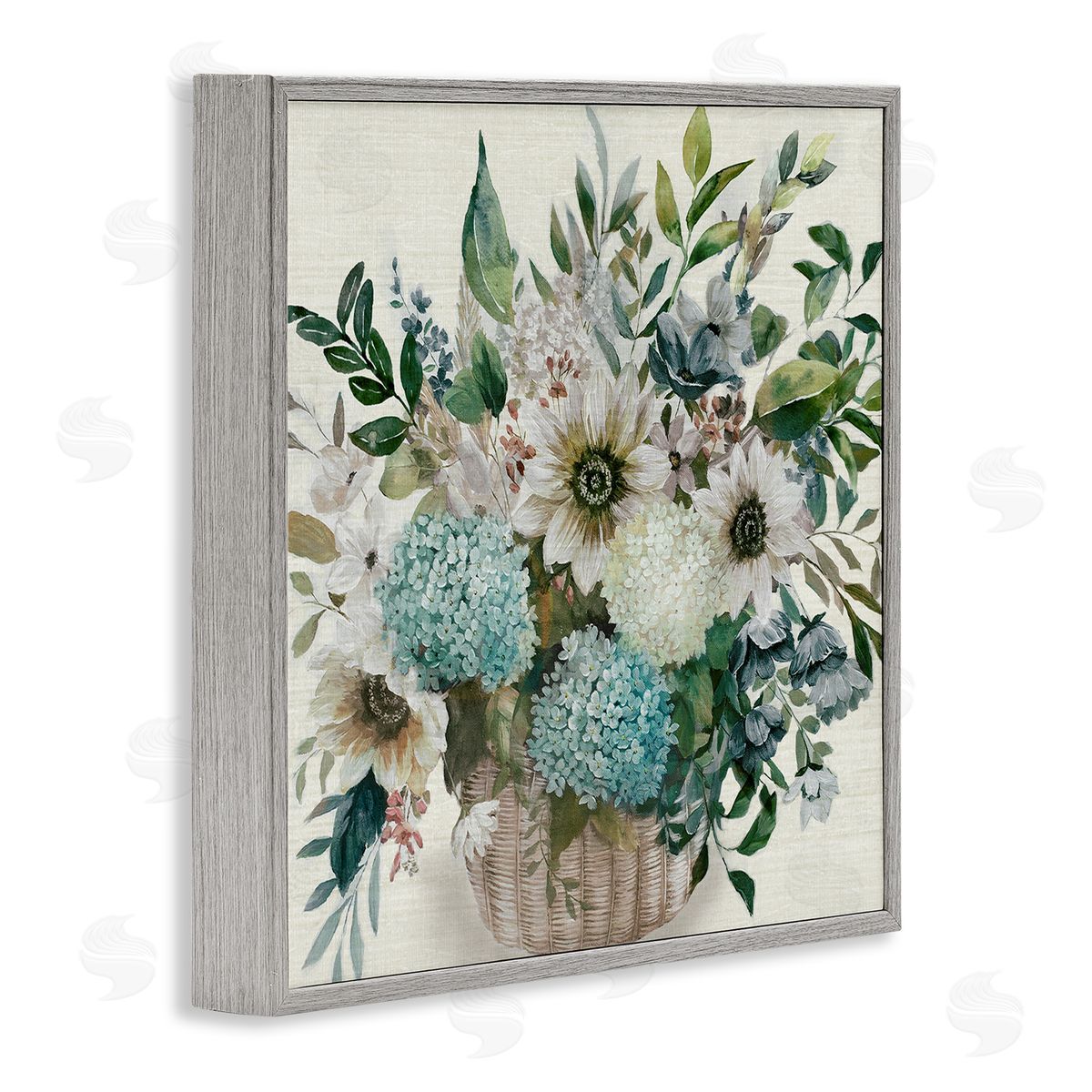 Country Basket of Flowers Grey Frame Print Wall Art, Home Decor by Nan