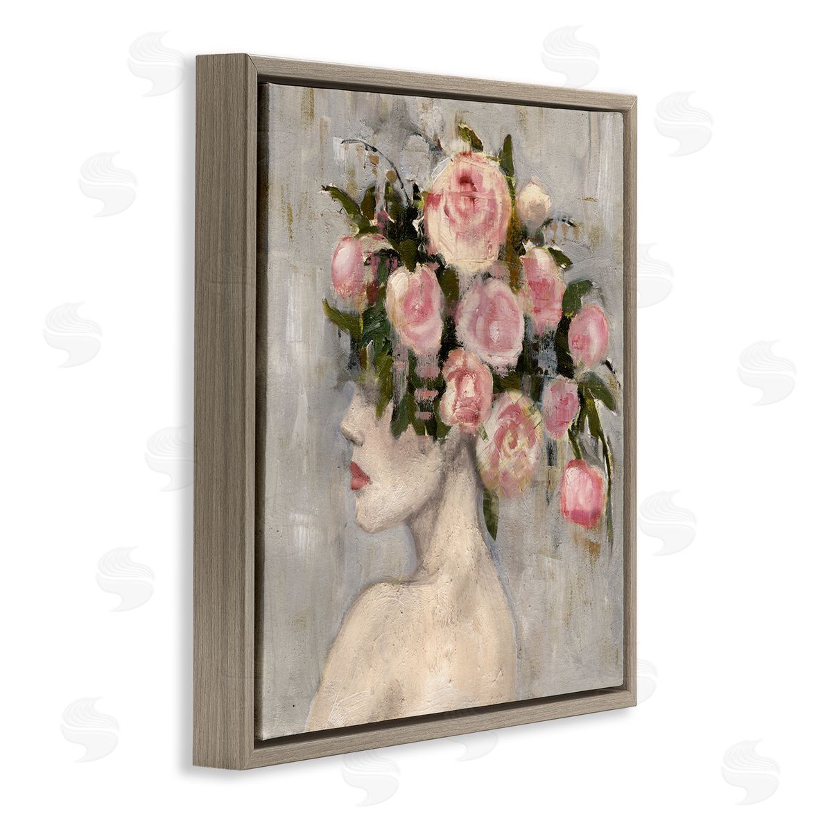 Peonies Headdress Woman Brown Floating Frame Canvas Wall Art, Home Decor by Charity Henderson
