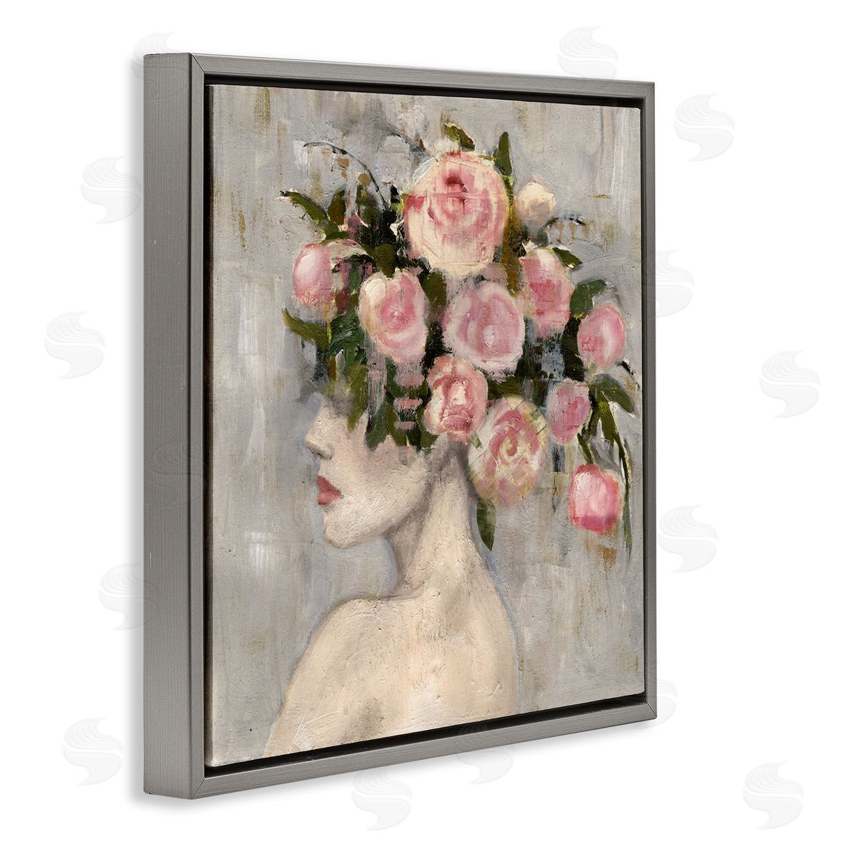 Peonies Headdress Woman Grey Floating Frame Canvas Wall Art, Home Decor by Charity Henderson