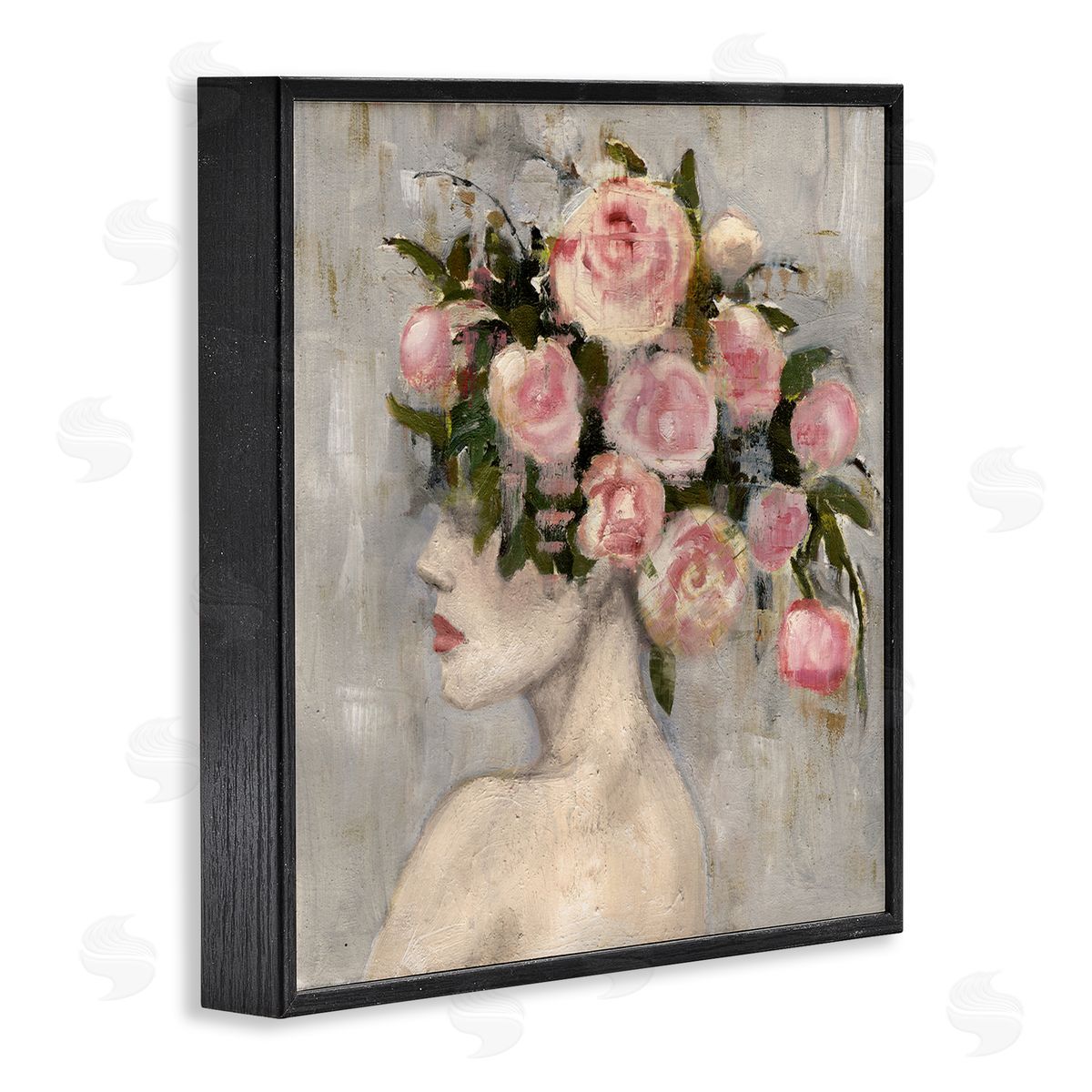 Peonies Headdress Woman Black Frame Print Wall Art, Home Decor by Charity Henderson