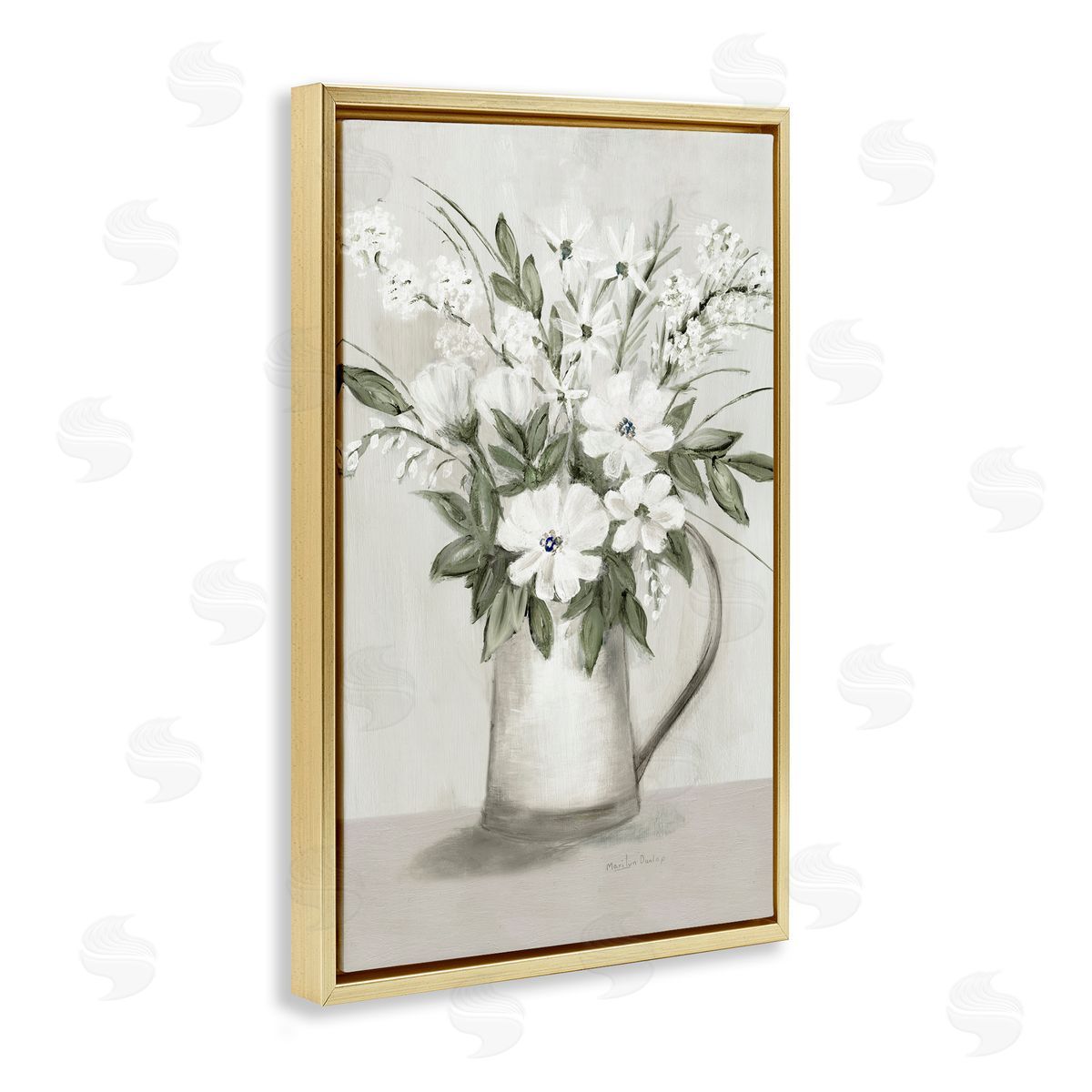 Country Pitcher Bouquet Gold Floating Frame Canvas Wall Art, Home Decor by Marilyn Dunlap